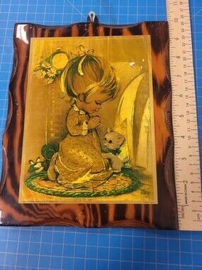 Vintage COBY Girl Praying Kitten Framed Print England Religious Art Decor 10"